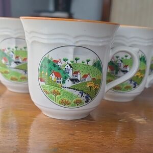Vintage Newcore Country Village Stoneware Tea Cup Set Of 6